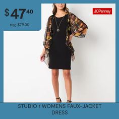 This Studio 1 women's jacket dress is a chic one-and-done that will impress at any cocktail hour or evening out. It includes a sleeveless knee-length dress with an attached semi-sheer chiffon jacket layer with a flowy fit for a beautiful contrast. It comes complete with a removable necklace - complete the look with heels. Closure Type: Pullover HeadNeckline: Crew NeckSleeve Length: SleevelessApparel Length: 42 InchesDress Length: Knee LengthFiber Content: 95% Polyester, 5% SpandexFabric Descrip… Black Dress Jacket, Jacket Dresses, Faux Jacket, Chiffon Jacket, Large Dresses, Small Dresses, Medium Dress, Large Dress, Sheer Chiffon