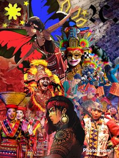 a collage of people dressed in colorful costumes and headdresses, all with masks on their faces