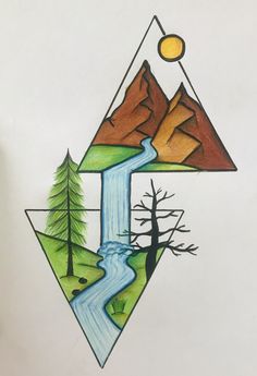 a drawing of a mountain river and trees