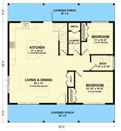 the floor plan for a small house with two bedroom and an attached kitchen, living room and