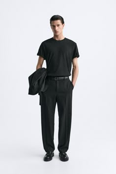 WIDE FIT PANTS - Black | ZARA United States Black Dress Pants Outfits, Men Wide Leg Pants, Pleated Pants Outfit, Wide Fit Pants, Mens Pleated Pants, India Fashion Men, Full Black Outfit, Dress Pants Outfits, Black Trousers Men