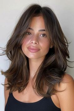 Rounded Layers Medium Hair, Long Medium Length Haircut, Haircut Medium Length Layers, Layer Haircut For Medium Hair, Medium Length Haircut With Layers Bangs, Medium Hair Cuts With Bangs, Brunette Medium Length Hair, Hair Peg, Money Hair