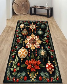 a christmas themed area rug with ornaments on it