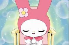 a cartoon character holding a coffee cup in her hand and wearing a bunny costume on top of it