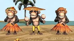 three monkeys are standing on the beach with umbrellas and balls in their hands while one monkey is holding an umbrella