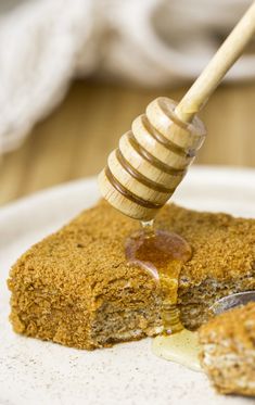 a piece of cake on a white plate with a honey comb sticking out of it