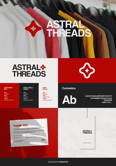 a bunch of clothes that are hanging on a rack with the words astral threads above them