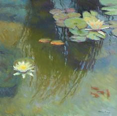 an oil painting of water lilies in a pond