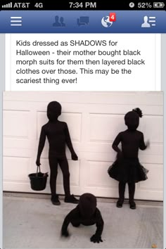 two children dressed as black dolls standing in front of a garage door with the caption kids dressed as shadows for halloween