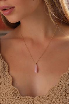 "Rose quartz is perhaps best known for being the stone of unconditional love. It's believed by some to emit a strong vibration of Love, Joy and Emotional Healing. Rose Quartz Necklace is the perfect layering piece or as a dainty stand-alone necklace! ♡ DAINTY ∙ ROSE QUARTZ ✓ ✓ Drop Cut Rose Quartz Stone ✓ 14k Gold - Rose Gold - White Gold Plated Top Bead Bail and Locker ♡ CHAIN ∙ SIZE ∙ GUIDE ✣ ✣ 14\" NECKLACE: Fits most like a choker ✣ 16\" NECKLACE: Falls perfectly around the base of the neck Rose Colored Feminine Necklace For Gift, Pink Spiritual Crystal Necklaces, Rose Gemstone Jewelry As A Gift, Rose Gemstone Jewelry For Gift, Rose Quartz Healing Necklace, Pink Rose Quartz Birthstone Necklaces, Pink Rose Quartz Birthstone Necklace, Pink Teardrop Pendant Necklace In Dainty Style, Pink Teardrop Pendant Drop Necklace Gift