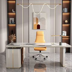 a modern office with marble floors and shelves