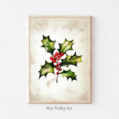 a painting with holly leaves and berries on it