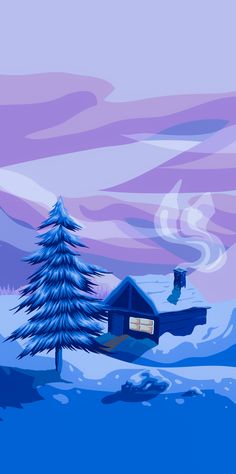 a painting of a cabin in the snow