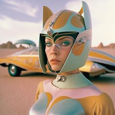 a woman in a cat suit standing next to a yellow and blue car on the desert