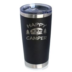 the happy camper tumbler is black and silver