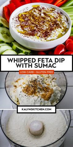 Pinterest image for Whipped Feta Dip with Sumac in a bowl surrounded by veggies and procedure photos of putting together and mixing the ingredients. Whipped Feta Dip, Colorful Veggies, Low Carb Crackers, Cuisinart Food Processor, Low Carb Veggies, Feta Dip, Whipped Feta, Green Veggies, Party Dishes