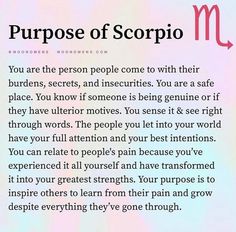 a poem written in pink and blue with the words purpose of scorpio on it