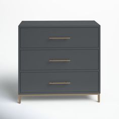 a grey chest of drawers with gold handles on the top and bottom, against a white background