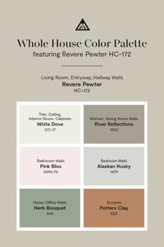 the whole house color palette for living room, hallway, and bedroom walls in various colors