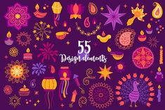 the 55 design elements in this set are colorful and bright, with different designs on them