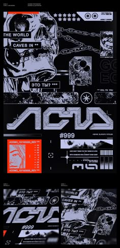 some type of black and white poster with orange accents on it's sides, including the words acu