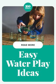 A young child pouring water into glasses promoting easy water play ideas for toddlers and preschoolers