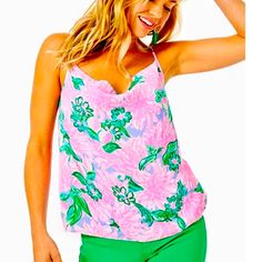 A Great Lilly Staple For Your Wardrobe! We Are This With White Jeans Or Shorts And You Have A Happy Outfit For Sure! Bobbie Top Camisole With Adjustable Straps. Slight Drop Neck Lined Top Feminine Spring Camisole, Feminine Camisole For Spring, Pink Summer Camisole For Day Out, Pink Camisole For Summer Day Out, Feminine Beach Camisole With Floral Print, Spring Pink Camisole For Day Out, Pink Camisole For Spring Brunch, Pink Camisole For Brunch In Spring, Pink Spring Camisole For Day Out