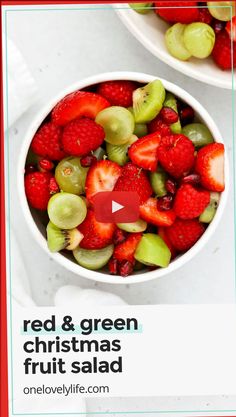 two white bowls filled with fresh fruit on top of a marble counter next to the words red & green christmas fruit salad