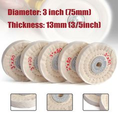 five white polishing discs with different sizes and colors on each side, in front of the