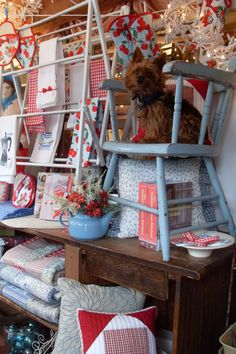 a dog sitting in a chair on top of a wooden table next to pillows and other items