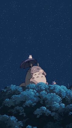 a person holding an umbrella standing on top of a hill in the dark night sky