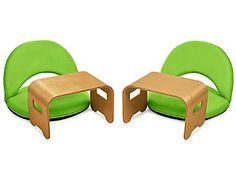 two green chairs and a small table are shown in this image, one is made out of wood