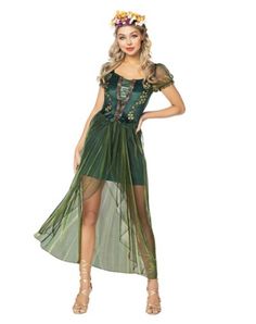 Feel like the fairest person in the forest in this Queen of the Forest Costume! This costume is complete with leafy applique and a floral headband so you can blend right into the foliage. Includes: Dress Floral headband Short sleeves Material: Polyester, spandex Pullover style Care: Spot clean only Imported Royalty Costume, Forest Costume, Forest Fairy Costume, Queen Of The Forest, Adult Fairy Costume, Mother Nature Costume, Fairy Costume Women, Nightmare Before Christmas Costume, Spirit Costume