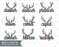 six reindeer antlers with the words dancer, concert, blten, and rudolph