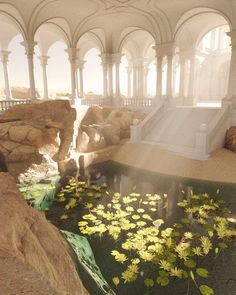 an indoor pond with water lilies in the middle and steps leading up to it