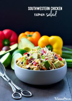 southwest chicken ramen salad in a white bowl with tongs