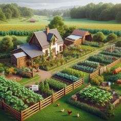 an artist's rendering of a farm house and garden