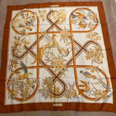 Camel, Cream And Gold Silk Hermes Scarf Immaculate And In Excellent Condition; Never Worn 34-3/4 Inches By 34-3/4 Inches Square Vintage Hermes Scarf, Hermes Twilly Scarf, Hermes Silk Scarf, Pink Silk Scarf, Hermes Scarves, Hermes Twilly, Hermes Silk, Style Bundle, Lace Dress Styles