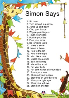 a giraffe with the words simon says on it