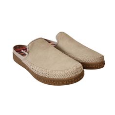 New With Tags Casual Slip-on Mules With Woven Sole, Casual Slip-on Clogs With Textured Sole, Comfortable Beige Clogs With Textured Footbed, Beige Comfortable Clogs With Cushioned Footbed, Comfortable Beige Clogs With Cushioned Footbed, Casual Leather Slippers With Woven Sole, Comfortable Beige Leather Clogs, Casual Slip-on Clogs With Rubber Sole, Casual Closed Toe Clogs With Textured Sole