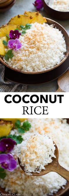 coconut rice is served on a plate with purple and yellow flowers in the bowl, along with a wooden spoon