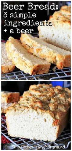 two pictures of bread on top of a grill with the words beer bread in it