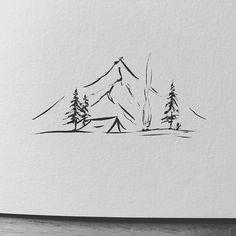 a black and white drawing of mountains with trees