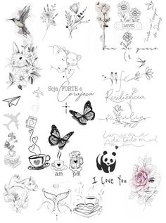 the back side of a sheet of paper with tattoos on it and flowers, butterflies, and hearts