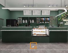 the interior of a restaurant with green walls and white ceilinging, an ice cream display case in the foreground