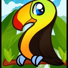 a cartoon toucan sitting on a tree branch