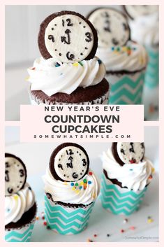 new years eve cupcakes with white frosting and chocolate cookie decorations on top