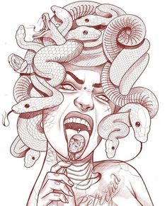 a drawing of a woman with snakes on her head and tongue out in front of her mouth