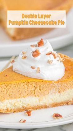 a slice of pumpkin cheesecake pie on a plate with whipped cream and pecans