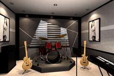 a room with guitars, drums and pictures on the wall in it's center